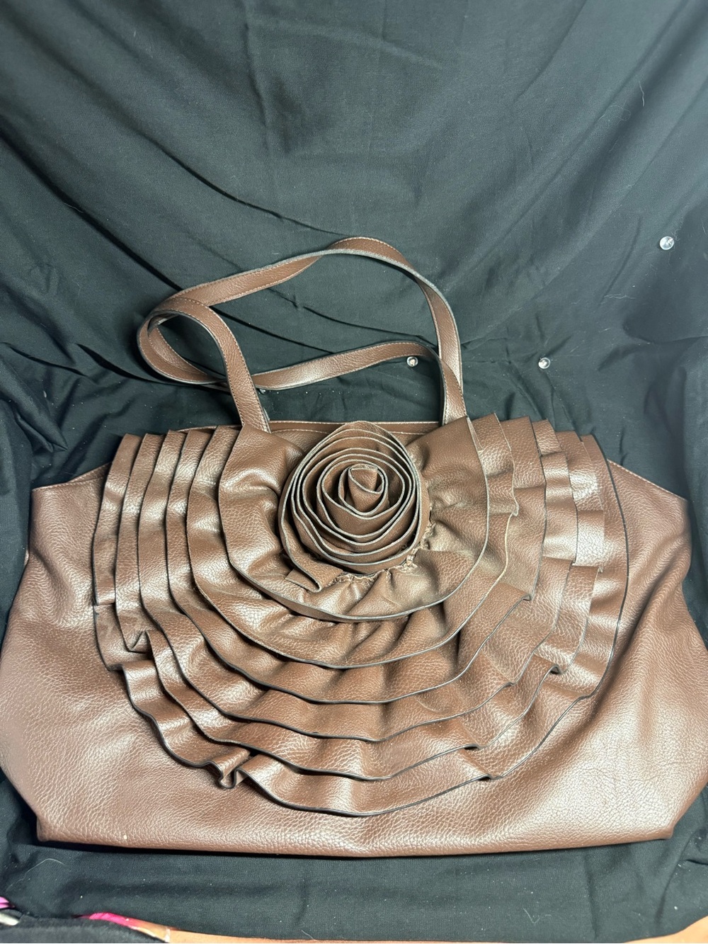 Black Rivet Brown Big Flower Rosette Ruffle Shoulder Tote Bag